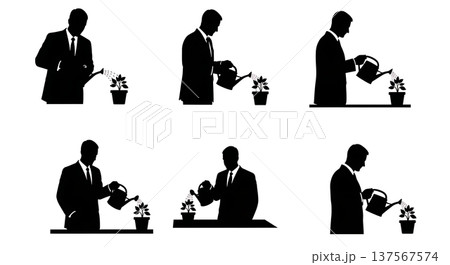 Black Solid Agents Watering Plant Silhouettes Set of Six 137567574