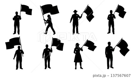 Black Solid Agents Holding Flag Silhouettes Set of Six 137567607