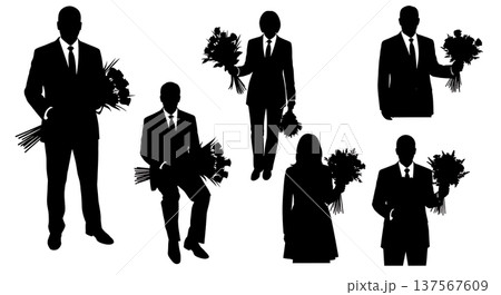 Black Solid Agents Holding Flowers Silhouettes Set of Six 137567609