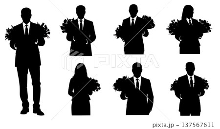 Black Solid Agents Holding Flowers Silhouettes Set of Six Black Solid Agents Holding Flowers Silhouettes Set of Six 137567611