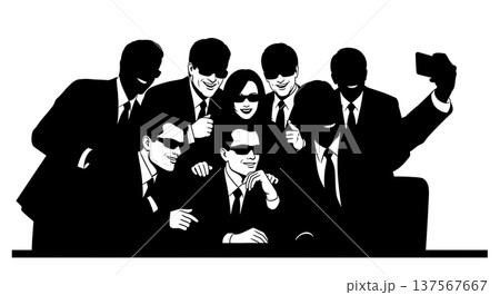 Black Solid Agents Taking Selfie Silhouettes Set of Six 137567667