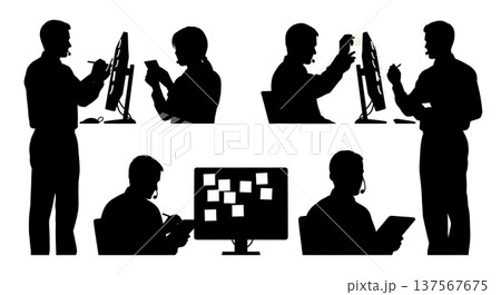 Black Solid Agents with Sticky Notes Silhouettes Set of Six on White Background Black Solid Agents with Sticky Notes Silhouettes Set of Six on White Background 137567675