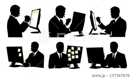 Black Solid Agents with Sticky Notes Silhouettes Set of Six on White Background 137567676