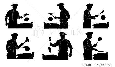 Black Solid Bakers Flipping Pancakes Set of Six on White Background Black Solid Bakers Flipping Pancakes Set of Six on White Background 137567801