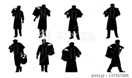 Black Solid Bakers Carrying Sugar Sacks Set of Six on White Background Black Solid Bakers Carrying Sugar Sacks Set of Six on White Background 137567886