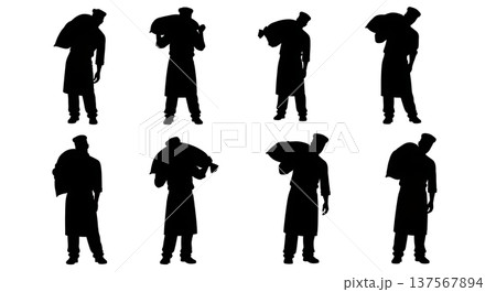 Black Solid Bakers Carrying Flour Sacks Set of Six on White Background Black Solid Bakers Carrying Flour Sacks Set of Six on White Background 137567894