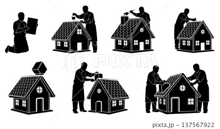 Black Solid Bakers Assembling Gingerbread Houses Set of Six on White Background Black Solid Bakers Assembling Gingerbread Houses Set of Six on White Background 137567922