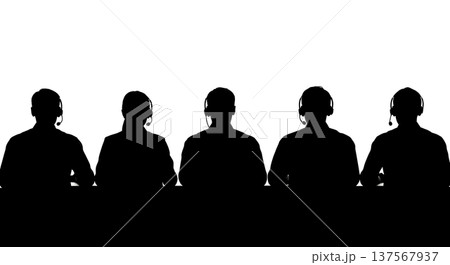Black Solid Back View Customer Service Reps Silhouettes Set of Six on White Background 137567937