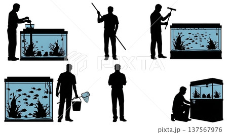 Black Solid Aquarium Showroom Staff Feeding Fish Set of Six on White Background Black Solid Aquarium Showroom Staff Feeding Fish Set of Six on White Background 137567976