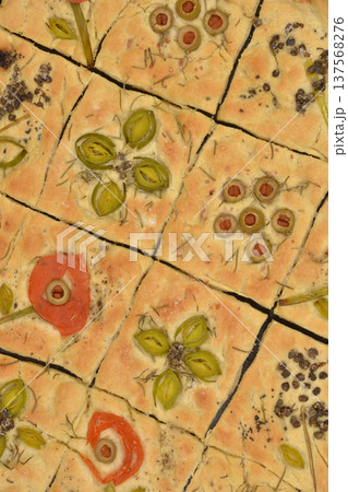 Baked floral garden focaccia bread with vegetables Baked floral garden focaccia bread with vegetables 137568276