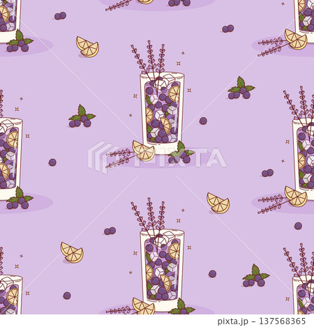 Blackcurrant and Lavender Cocktail Seamless Pattern. Berry Drinks, Flowers, Citrus and Ice Cubes on Purple Background. Refreshing Cottagecore Craft Blackberry Square template. Vector Illustration 137568365