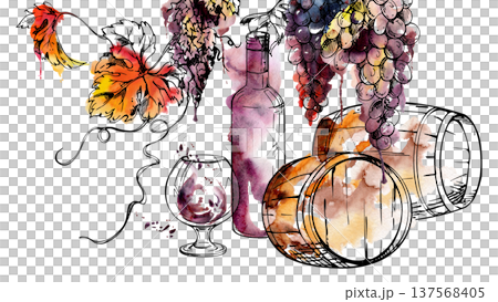 Vintage style barrels with grape fruit clusters, wine bottle and balloon glass, vines and leaves. Isolated illustration hand drawn in watercolor and ink. Boutique branding, catalog art, tourism guides Vintage style barrels with grape fruit clusters, wine bottle and balloon glass, vines and leaves. Isolated illustration hand drawn in watercolor and ink. Boutique branding, catalog art, tourism guides 137568405