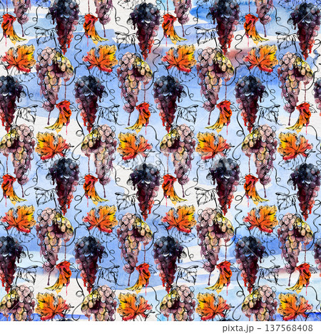 Seamless pattern with watercolor grape clusters, leaves on grapevines, young branch spirals. Hand drawn with ink contour for organic products, vineyard textile prints, eco brands, artisan gift lines. 137568408