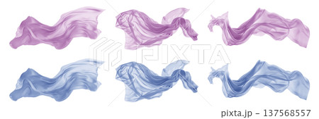 2 Collection set of pastel light blue purple long silk satin cloth fabric floating flying in the air on transparent background cutout, PNG file. Mockup template 137568557