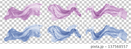 2 Collection set of pastel light blue purple long silk satin cloth fabric floating flying in the air on transparent background cutout, PNG file. Mockup template 137568557