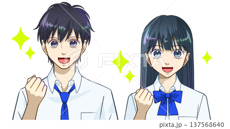 明るい笑顔でガッツポーズをする夏服の高校生または中学生の男女のアニメ風イラスト、白バック 明るい笑顔でガッツポーズをする夏服の高校生または中学生の男女のアニメ風イラスト、白バック 137568640