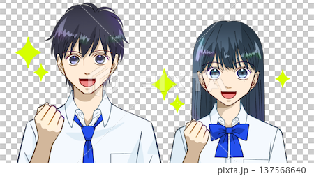 明るい笑顔でガッツポーズをする夏服の高校生または中学生の男女のアニメ風イラスト、白バック 明るい笑顔でガッツポーズをする夏服の高校生または中学生の男女のアニメ風イラスト、白バック 137568640