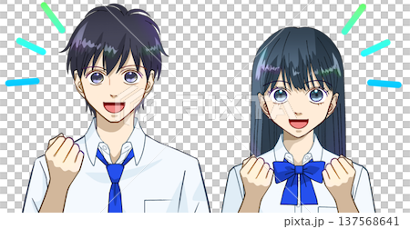 笑顔でガッツポーズをする夏服の高校生または中学生の男女のアニメ風イラスト、白バック 137568641