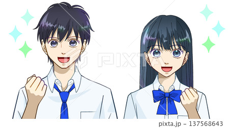 やる気、向上心、笑顔でガッツポーズをする夏服の高校生または中学生の男女のアニメ風イラスト、白バック やる気、向上心、笑顔でガッツポーズをする夏服の高校生または中学生の男女のアニメ風イラスト、白バック 137568643