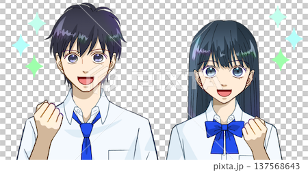 やる気、向上心、笑顔でガッツポーズをする夏服の高校生または中学生の男女のアニメ風イラスト、白バック やる気、向上心、笑顔でガッツポーズをする夏服の高校生または中学生の男女のアニメ風イラスト、白バック 137568643