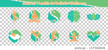 Mental Health and Holistic Wellness Icon Set Yoga, Meditation, and Mindfulness Symbols 137568646