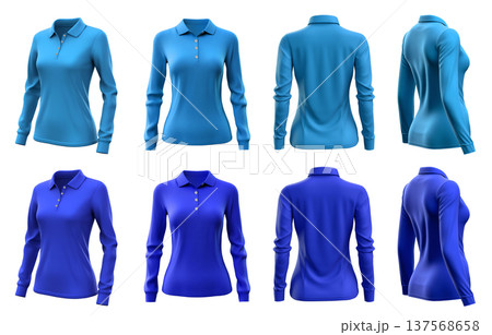 2 Set of woman dark light blue turquoise front, back and side view collar long sleeve slim fit polo tee shirt on transparent background cutout, PNG file. Mockup template for artwork graphic  137568658
