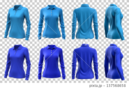 2 Set of woman dark light blue turquoise front, back and side view collar long sleeve slim fit polo tee shirt on transparent background cutout, PNG file. Mockup template for artwork graphic  137568658
