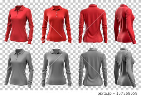 2 Set of woman red maroon grey gray front, back and side view collar long sleeve slim fit polo tee shirt on transparent background cutout, PNG file. Mockup template for artwork graphic  137568659