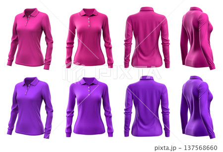 2 Set of woman magenta purple pink front, back and side view collar long sleeve slim fit polo tee shirt on transparent background cutout, PNG file. Mockup template for artwork graphic 137568660
