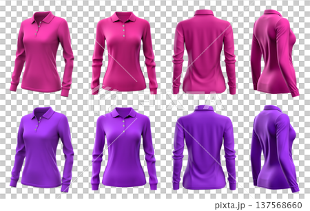 2 Set of woman magenta purple pink front, back and side view collar long sleeve slim fit polo tee shirt on transparent background cutout, PNG file. Mockup template for artwork graphic 137568660
