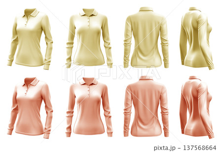 2 Set of woman pastel light yellow orange front, back and side view collar long sleeve slim fit polo tee shirt on transparent background cutout, PNG file. Mockup template for artwork graphic 137568664
