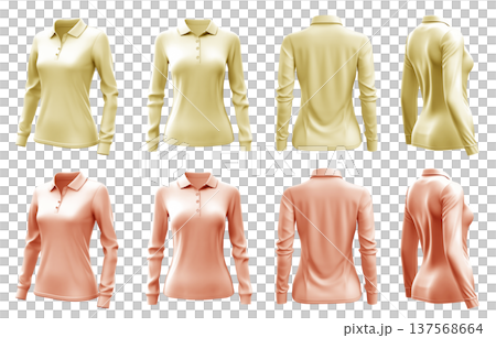 2 Set of woman pastel light yellow orange front, back and side view collar long sleeve slim fit polo tee shirt on transparent background cutout, PNG file. Mockup template for artwork graphic 137568664