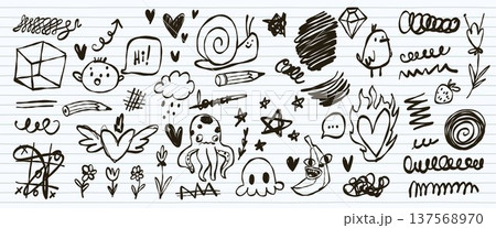 Hand drawn kid doodle icons on notebook page 137568970