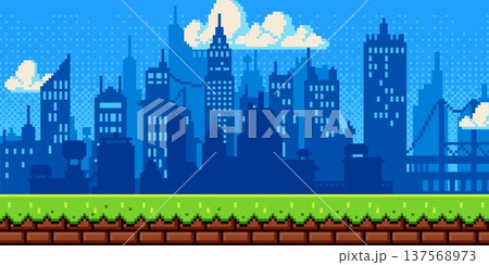Pixel art city day background with retro buildings 137568973