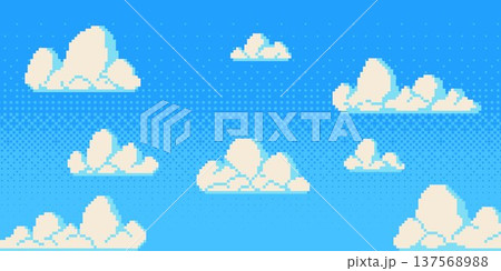 Pixel art sky with fluffy clouds on blue 137568988