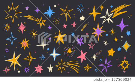 Hand drawn star doodles, colorful crayon texture Hand drawn star doodles, colorful crayon texture 137569024