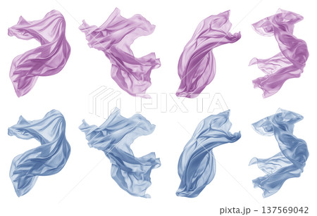 2 Collection set of pastel light blue purple silk satin cloth fabric floating flying in the air on transparent background cutout, PNG file. Mockup template 137569042