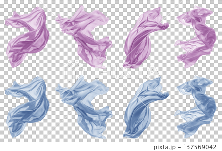 2 Collection set of pastel light blue purple silk satin cloth fabric floating flying in the air on transparent background cutout, PNG file. Mockup template 137569042