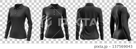 Set of woman black front, back and side view collar long sleeve slim fit polo tee shirt on transparent background cutout, PNG file. Mockup template 137569043