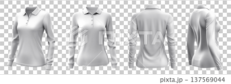 Set of woman white front, back and side view collar long sleeve slim fit polo tee shirt on transparent background cutout, PNG file. Mockup template 137569044