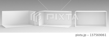 3D corner booth mockup, white walls, empty display 3D corner booth mockup, white walls, empty display 137569061