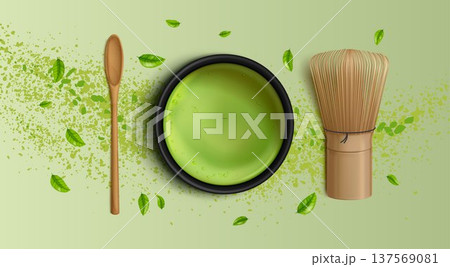 Green matcha tea, vector bg with powder splash 137569081