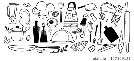 Doodle set of kitchen items and food on white Doodle set of kitchen items and food on white 137569121