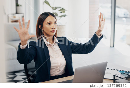 Invisible screen, hands and woman in office with virtual, tech and futuristic hologram for ai or programming work in business Cyber, ux and entrepreneur in corporate workplace with vr dashboard 137569582
