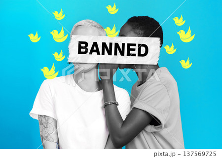 Cancel culture, gossip and censorship with overlay on people for social media, cyber bullying and toxic message. Free speech, censorship and rumor with women on blue background for mockup and voice Cancel culture, gossip and censorship with overlay on people for social media, cyber bullying and toxic message. Free speech, censorship and rumor with women on blue background for mockup and voice 137569725