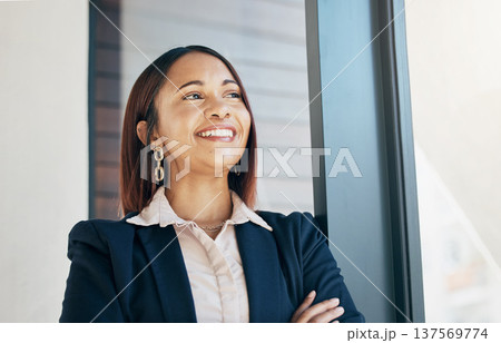 Thinking, crossed arms and business woman by window for ideas, career opportunity and job in office. Professional, happy and face of worker in workplace with confidence, ambition and success mindset 137569774