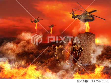 Combat, military and soldier with fire in battlefield for service, army duty and battle in camouflage. Mockup, explosion and people with helicopter for armed forces, defense or warfare conflict 137569808