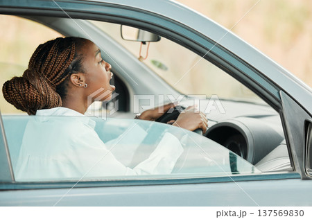 Angry, car or black woman on road in traffic jam on commute journey with stress, anxiety or worry. Travel, frustrated or late driver in motor vehicle transportation screaming for attention or driving 137569830