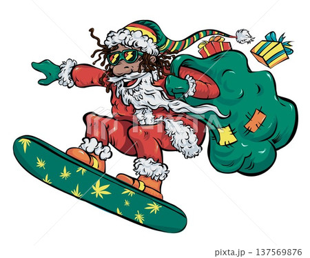 Rasta Snowboarding Santa with Gifts. vector illustration 137569876