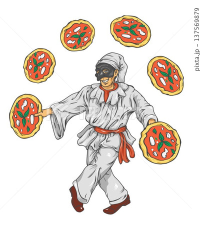 Pulcinella juggling pizza illustration. vector illustration 137569879